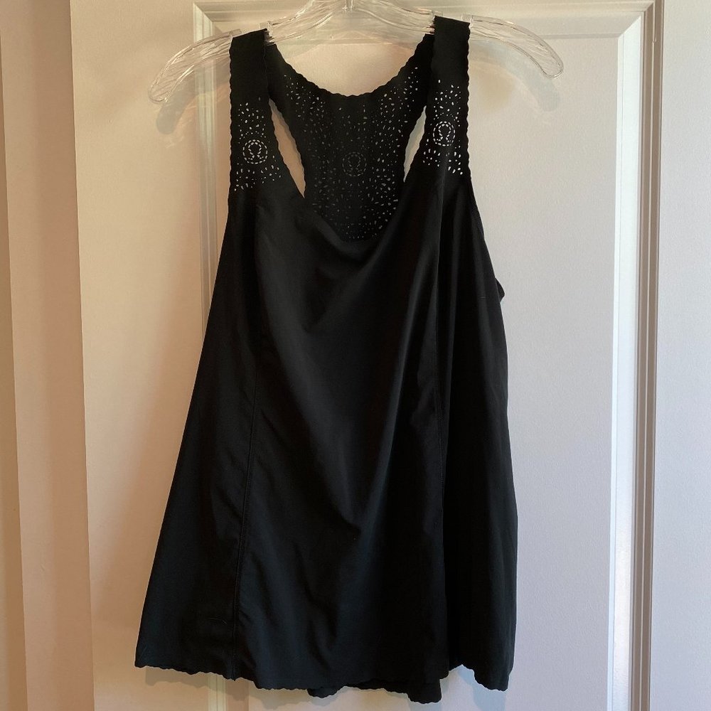Lululemon black size 10 paper-thin tank with laser-cut detail, EUC
